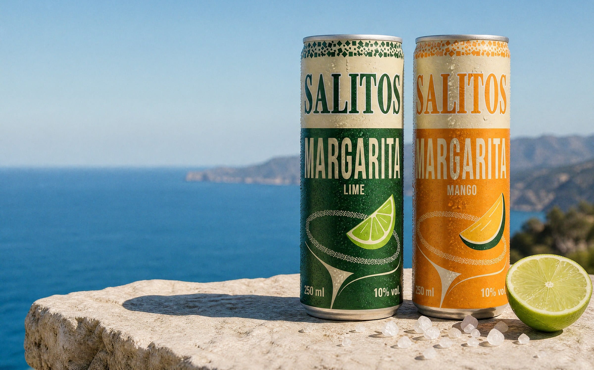 SALITOS MARGARITA Lime and Mango on a sunlit limestone ledge above the sea, with a lime half